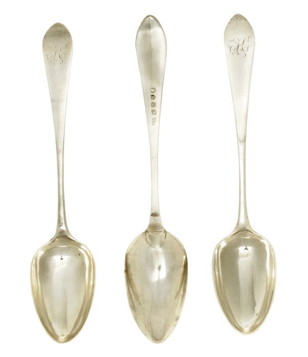 A SET OF TWELVE GEORGE III SCOTTISH SILVER POINTED-END TABLE SPOONS