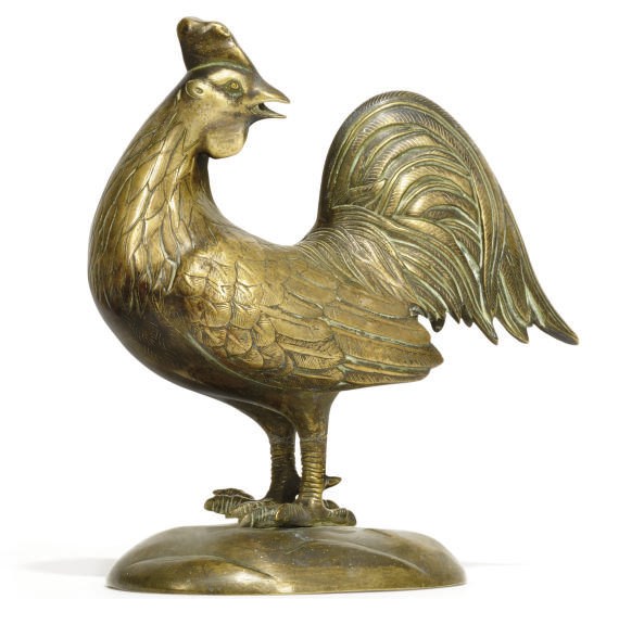 A CHINESE INLAID BRONZE COCKEREL FORMED CENSER