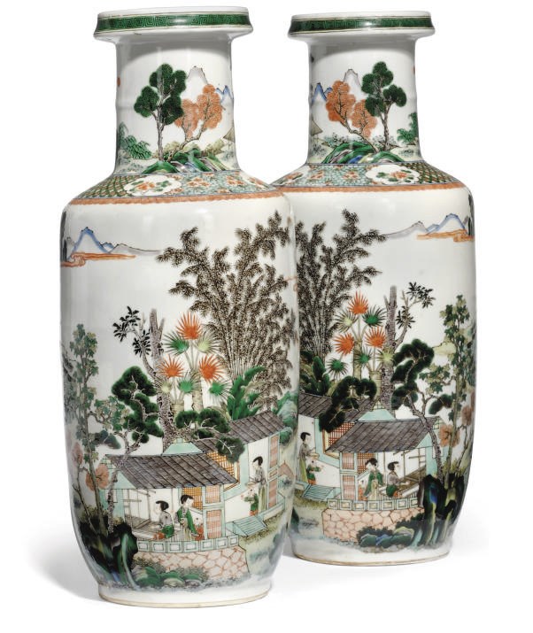 A PAIR OF CHINESE FAMILLE VERTE ROULEAU VASES