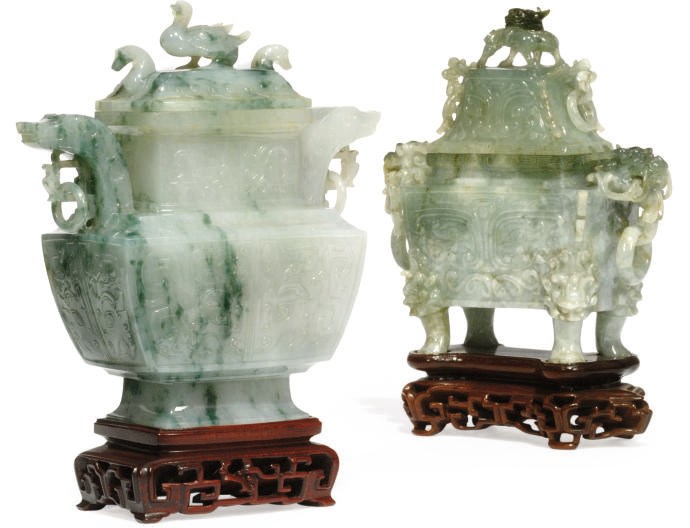 TWO CHINESE JADEITE VASES AND COVERS