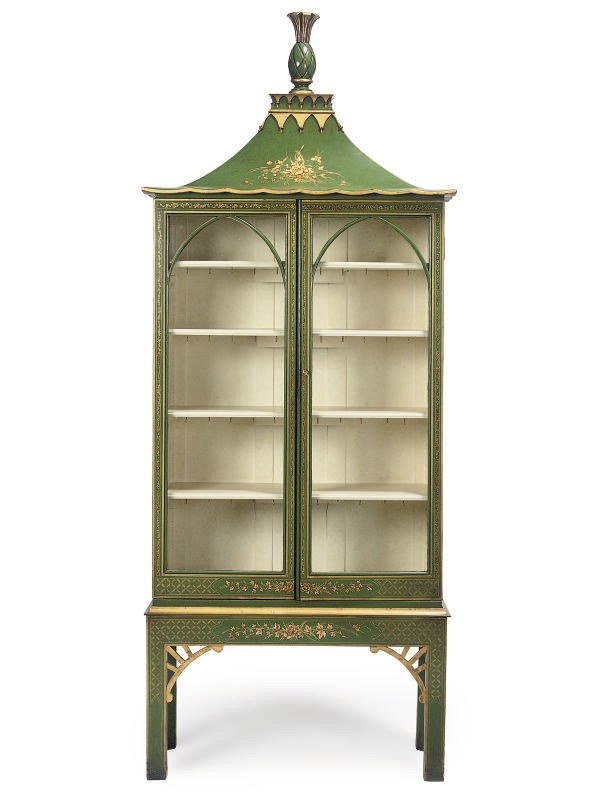 A GREEN JAPANNED PARCEL-GILT CABINET
