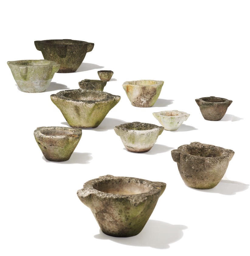 A COLLECTION OF TWELVE ENGLISH WHITE MARBLE MORTARS