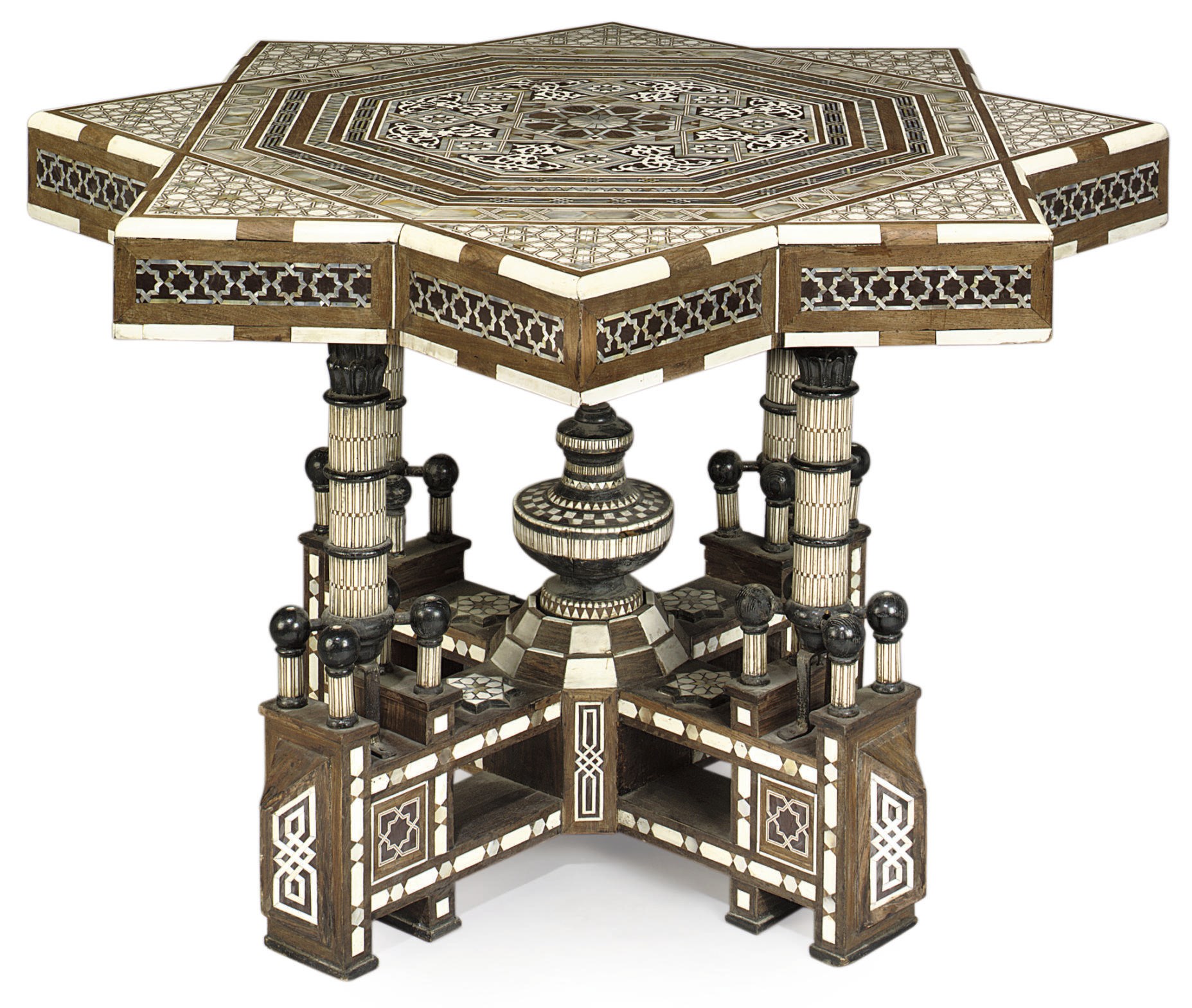 A DAMASCUS BONE, WOOD AND MOTHER-OF-PEARL CENTRE TABLE