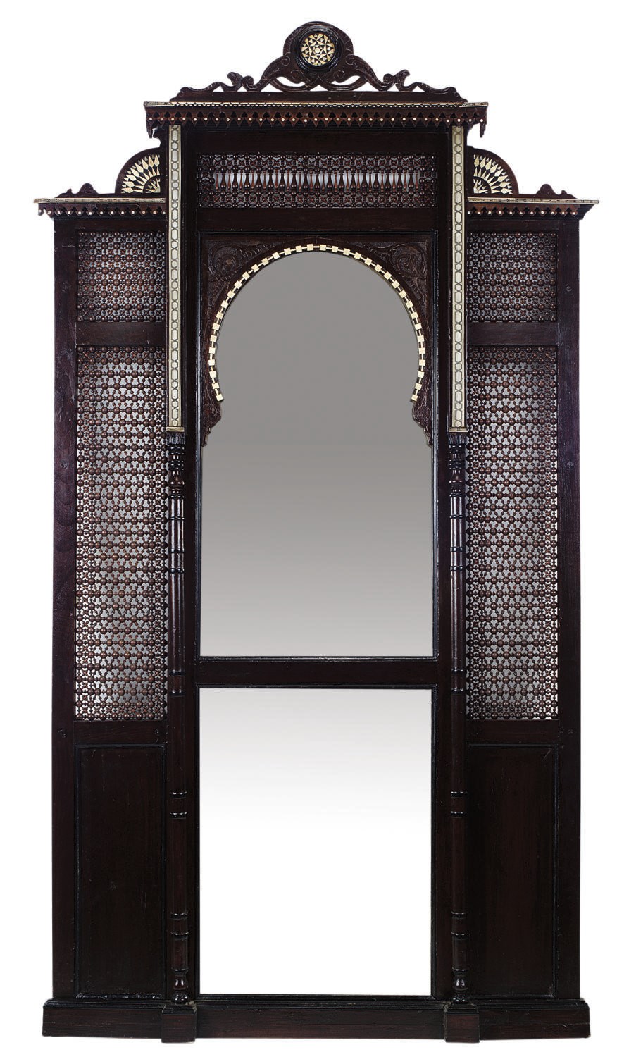 A NORTH AFRICAN 'CAIROWARE' TURNED HARDWOOD, BONE AND MOTHER-OF-PEARL INLAID MIRROR