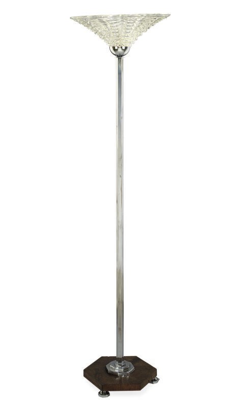 A CHROMIUM-PLATED AND GLASS UPLIGHTER STANDARD LAMP