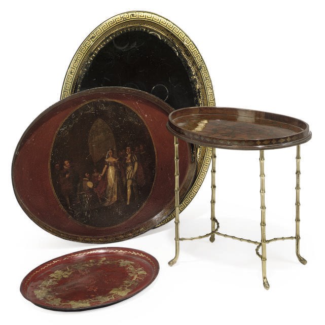 A COLLECTION OF FOUR PAINTED OR WOOD TRAYS