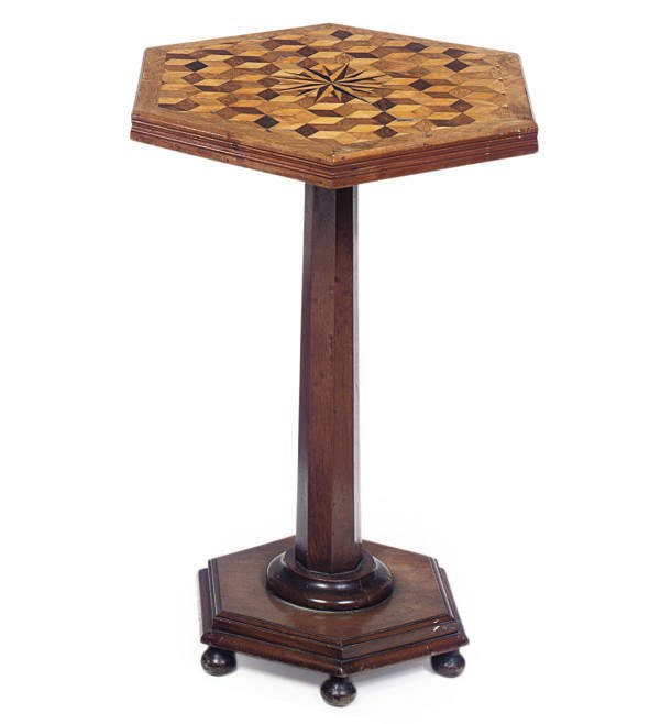 A MID-VICTORIAN HEXAGONAL SPECIMEN WOOD OCCASIONAL TABLE
