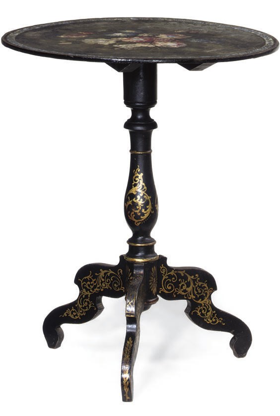 A VICTORIAN PAPIER MACHE, MOTHER OF PEARL INLAID AND EBONISED TRIPOD TABLE