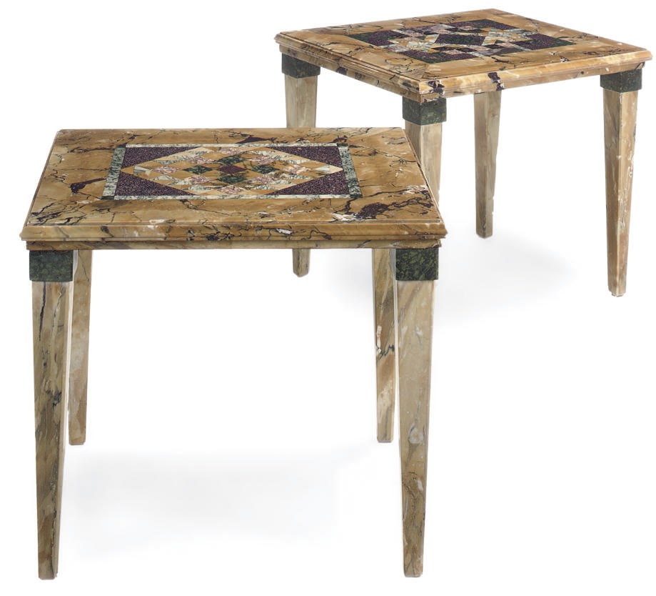 A PAIR OF TWO SPECIMEN MARBLE OCCASIONAL TABLES