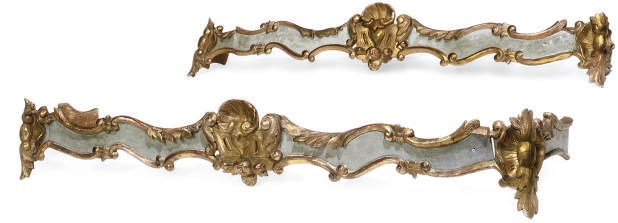 A PAIR OF EARLY VICTORIAN PAINTED AND PARCEL GILT PELMETS