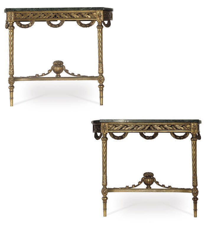 A PAIR OF FRENCH GILTWOOD CONSOLE TABLES