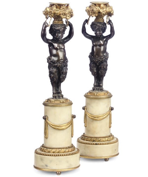 A PAIR OF FRENCH BRONZE, GILT-BRONZE AND MARBLE CANDLESTICKS