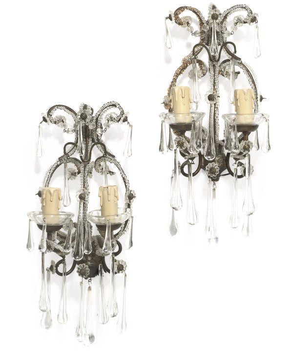 A PAIR OF FRENCH GLASS TWIN BRANCH WALL APPLIQUES