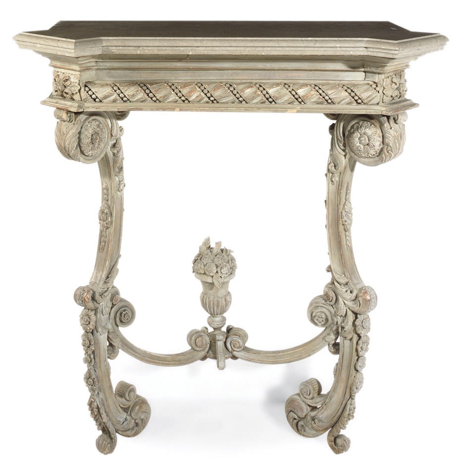 A PAIR OF FRENCH GREY PAINTED AND GILT DECORATED CONSOLE TABLES