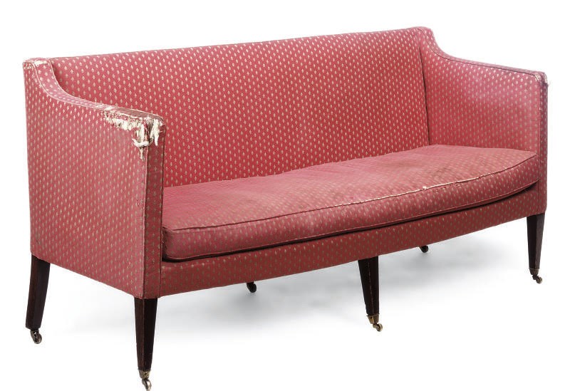 A LATE GEORGE III MAHOGANY AND UPHOLSTERED SOFA