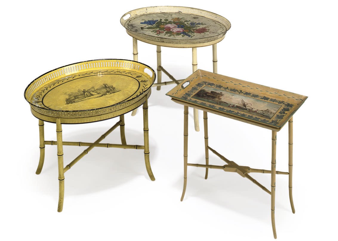 A FRENCH OVAL TOLE-PEINTE TRAY ON LATER STAND