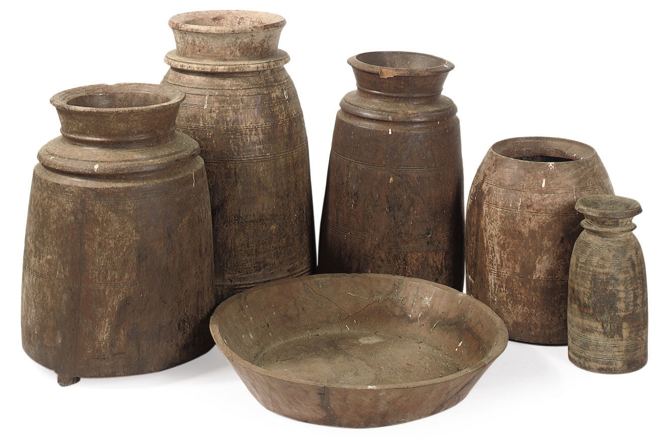 A GROUP OF SIX INDIAN HARDWOOD POTS