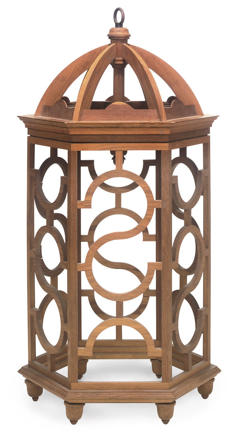 AN OAK HEXAGONAL LANTERN