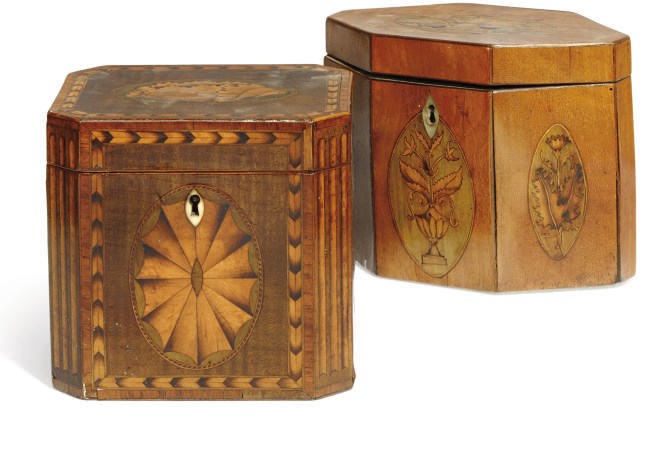 A GEORGE III MARQUETRY AND MAHOGANY TEA CADDY