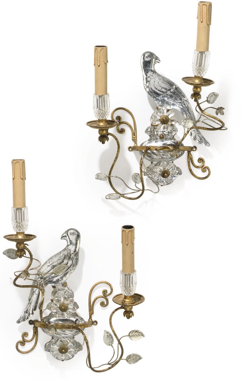 A PAIR OF GILT-METAL AND GLASS WALL APPLIQUES