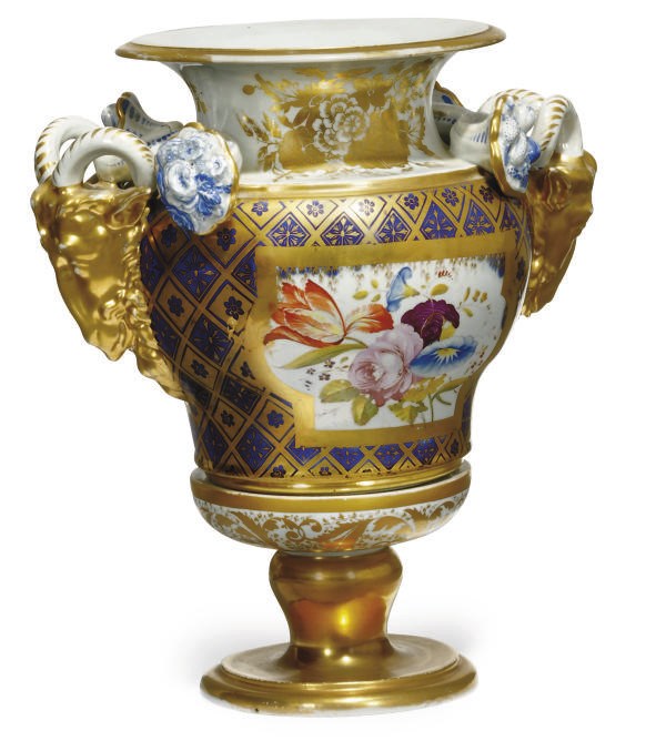 AN ENGLISH IRONSTONE TWO-HANDLED OGEE-SHAPED VASE