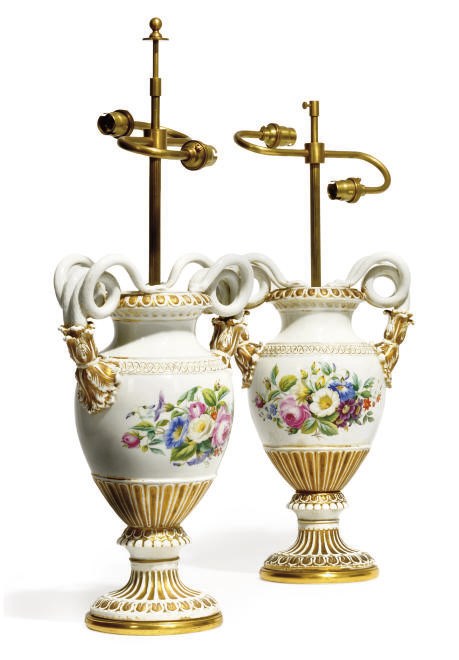 A PAIR OF MEISSEN OVIFORM VASES, ADAPTED AS LAMPS