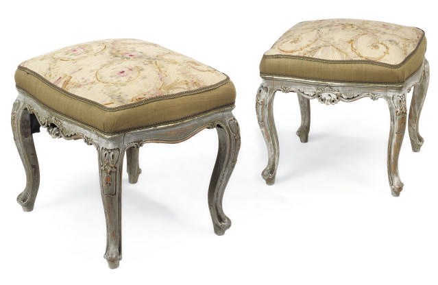 A PAIR OF GREY PAINTED STOOLS