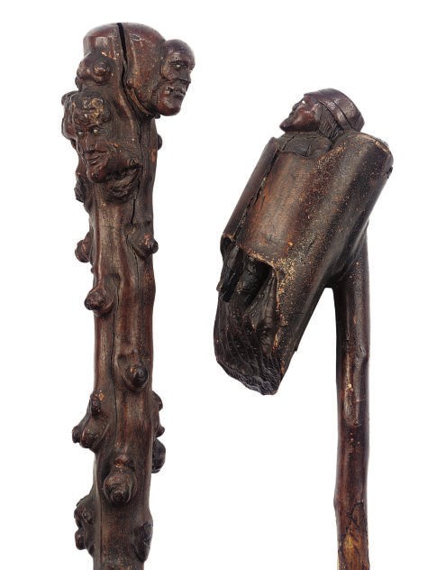 TWO CARVED WOOD FOLK-ART WALKING STICKS