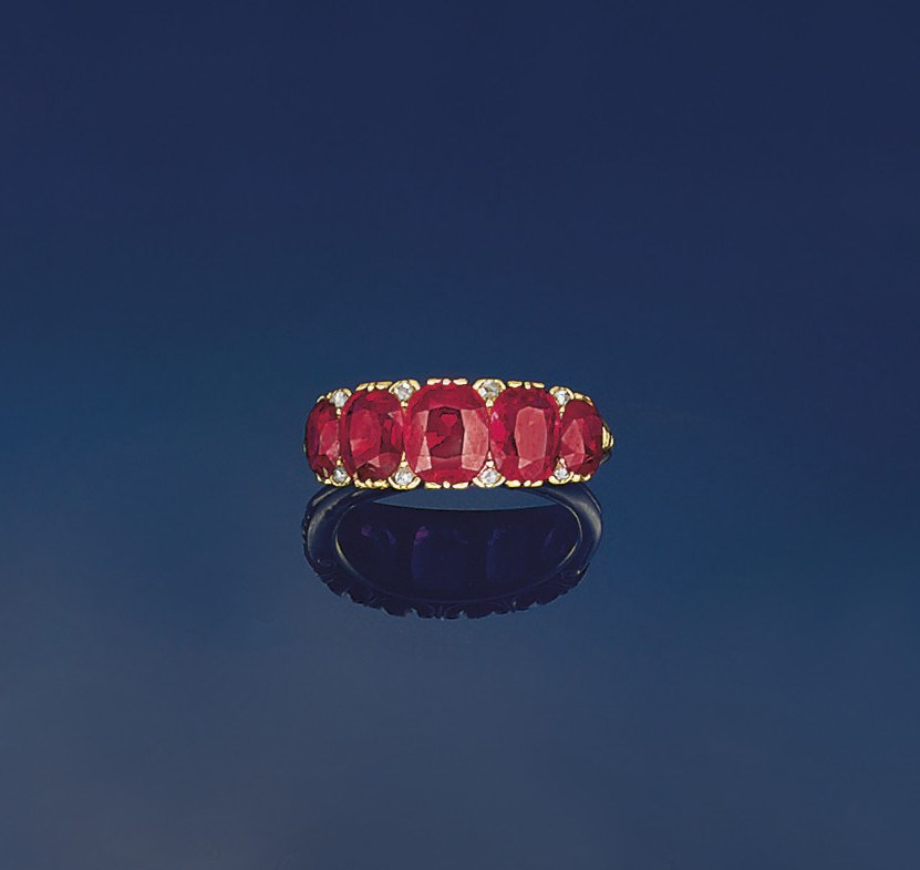A late Victorian ruby five stone ring