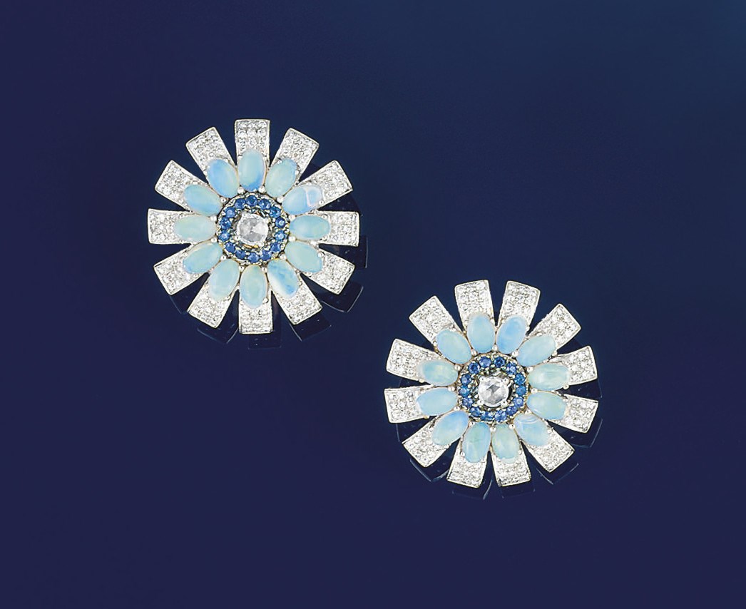 A pair of diamond, opal and sapphire earrings
