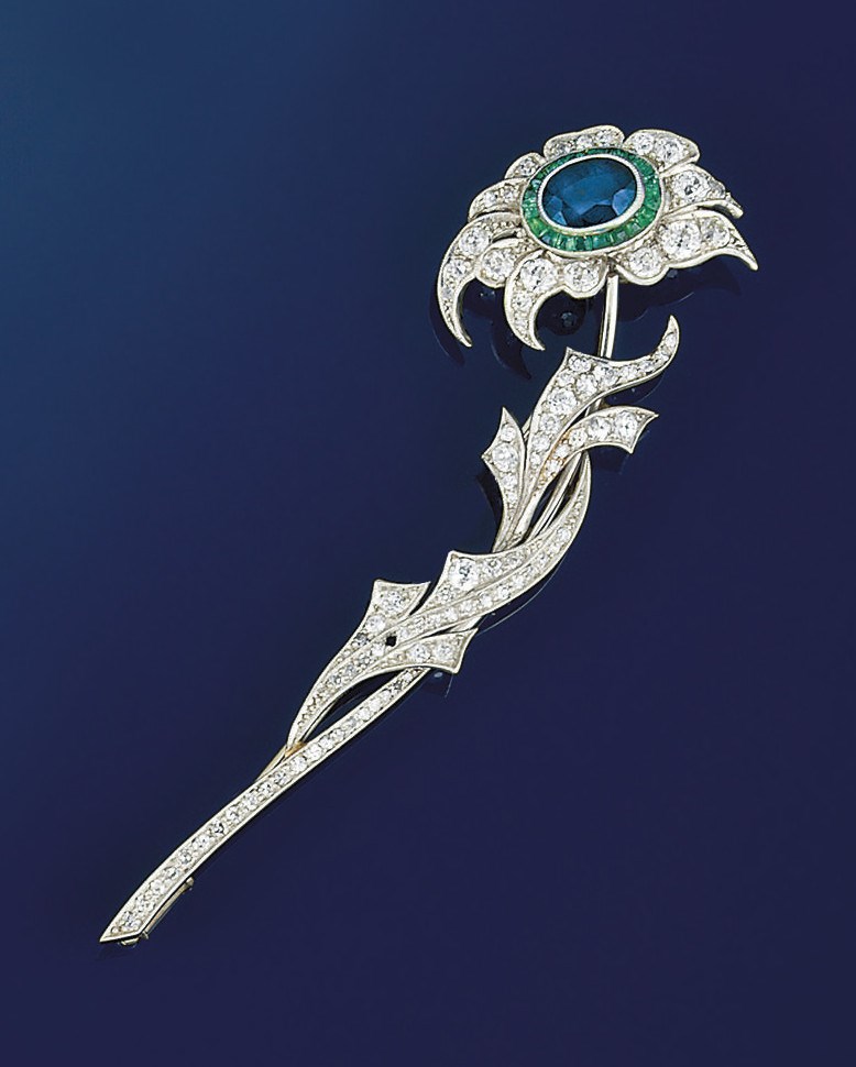 A diamond, sapphire and emerald flower brooch