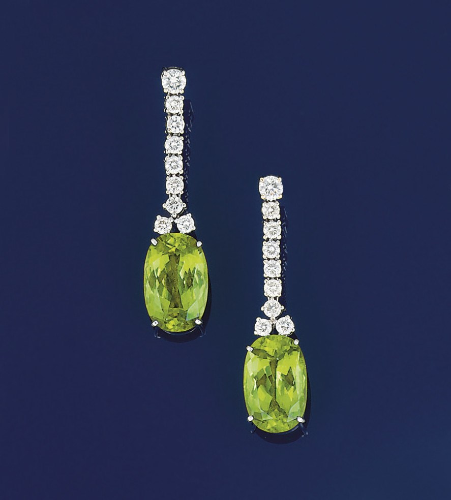 A pair of peridot and diamond earpendants