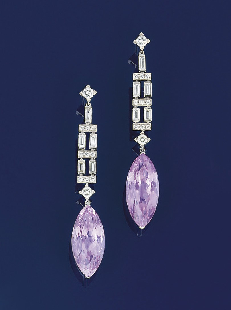 A pair of kunzite and diamond earpendants