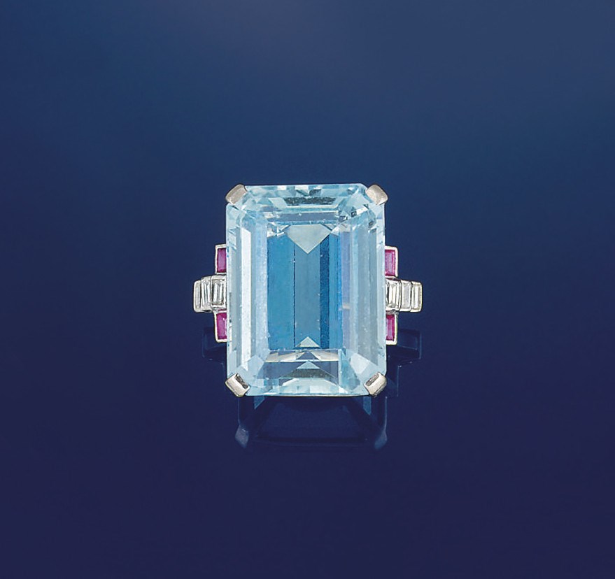An aquamarine, ruby and diamond ring