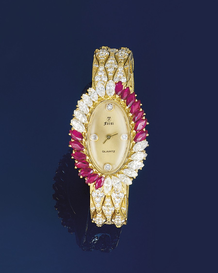 A lady's ruby and diamond quartz wristwatch, by Farsi