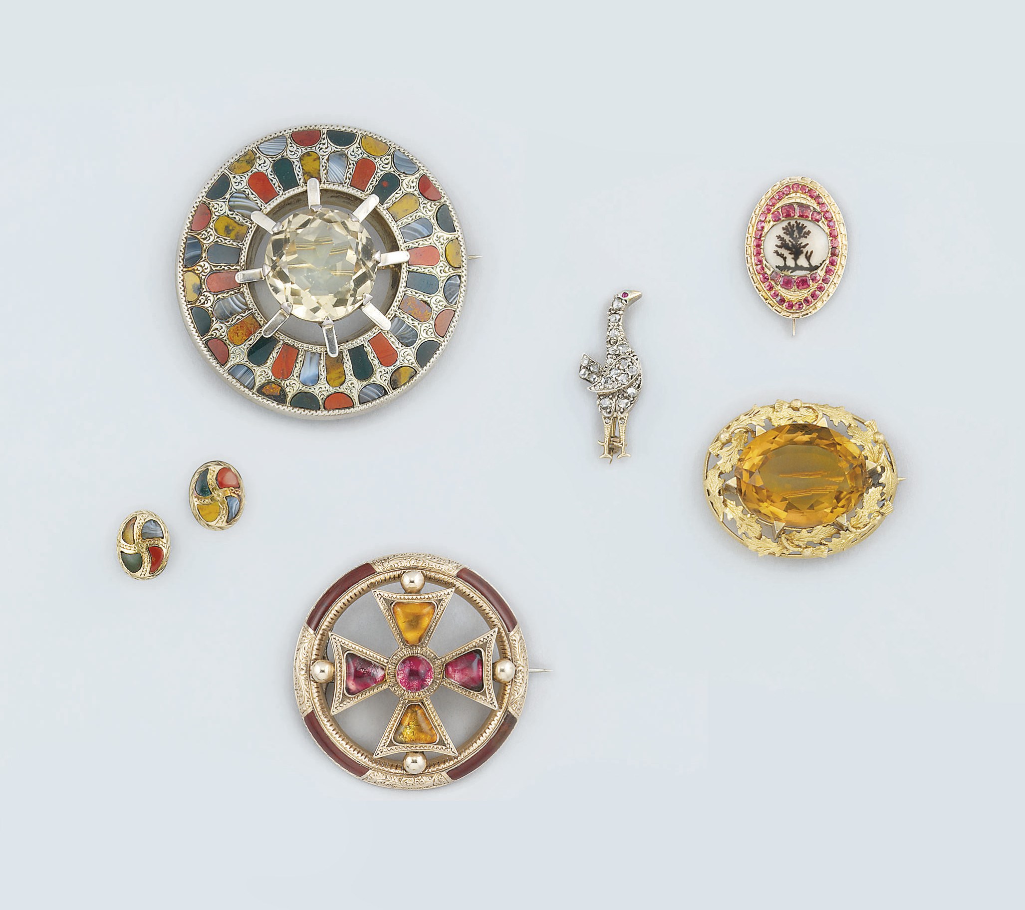 A Victorian diamond bird brooch and a group of 18th and 19th brooches
