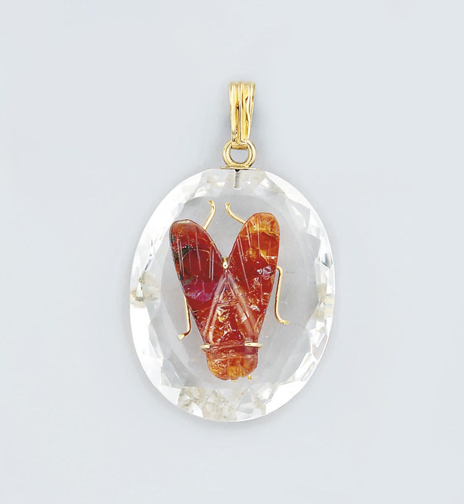 A rock crystal and hardstone pendant