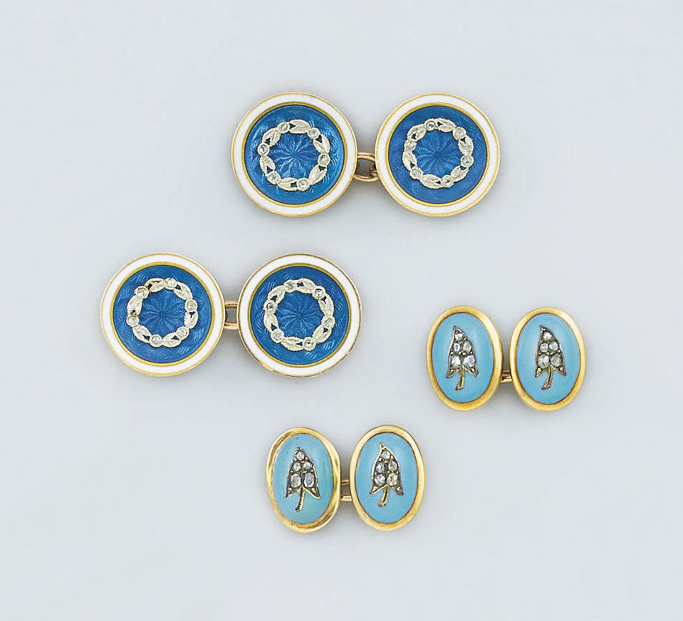 Two pairs of diamond and enamel cufflinks