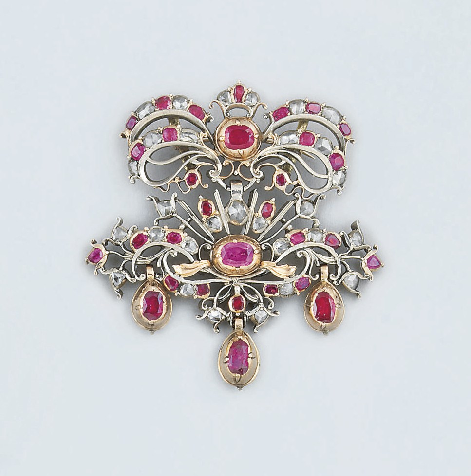 A late 18th century Iberian, ruby and diamond brooch