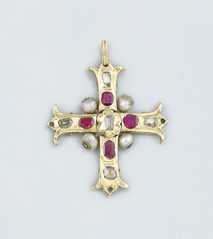 An Iberian gold, ruby and pearl cross pendant
