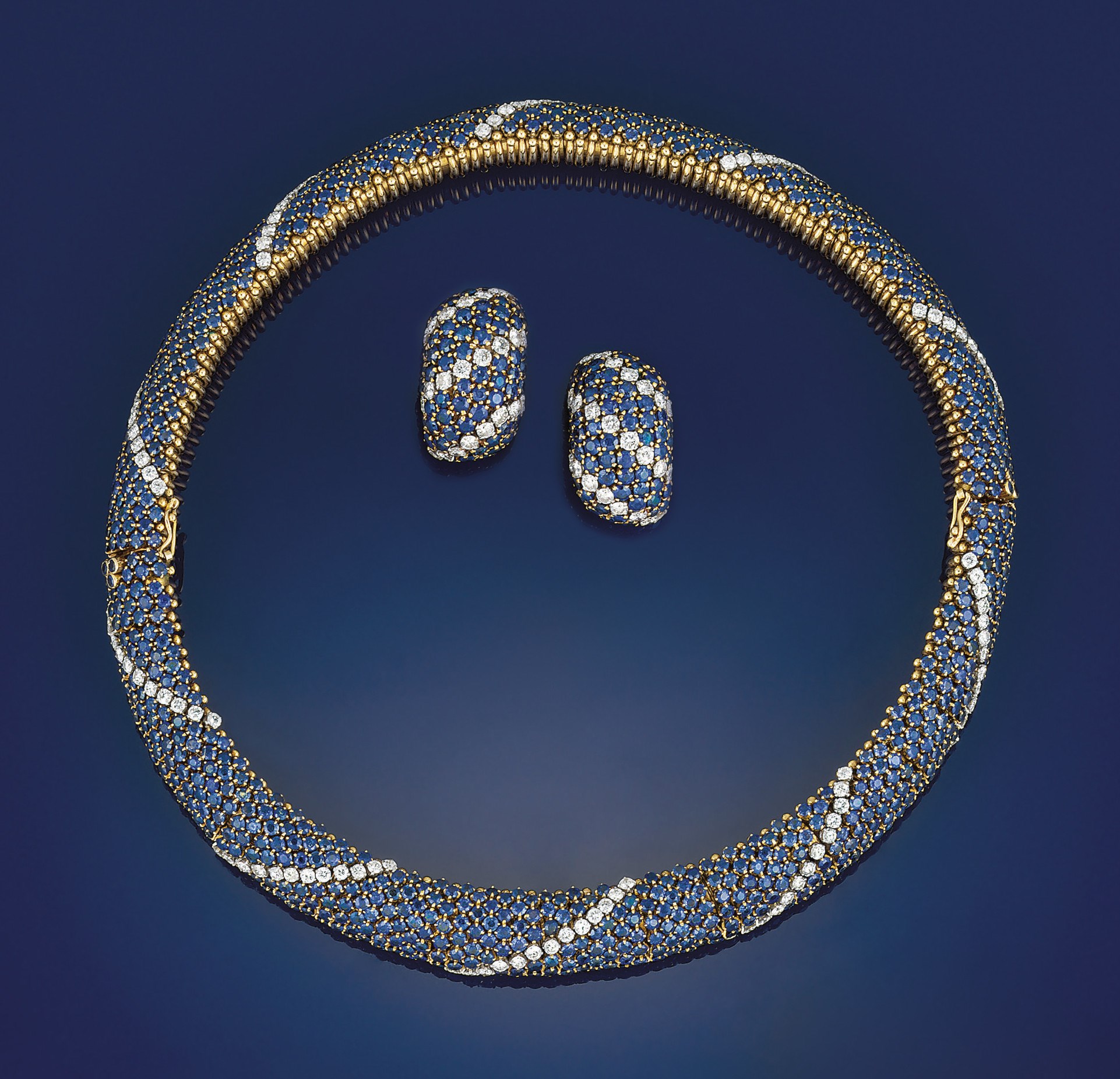 A sapphire and diamond necklace and earclips, by Van Cleef & Arpels