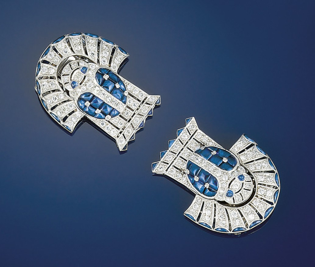 A pair of sapphire and diamond clip brooches