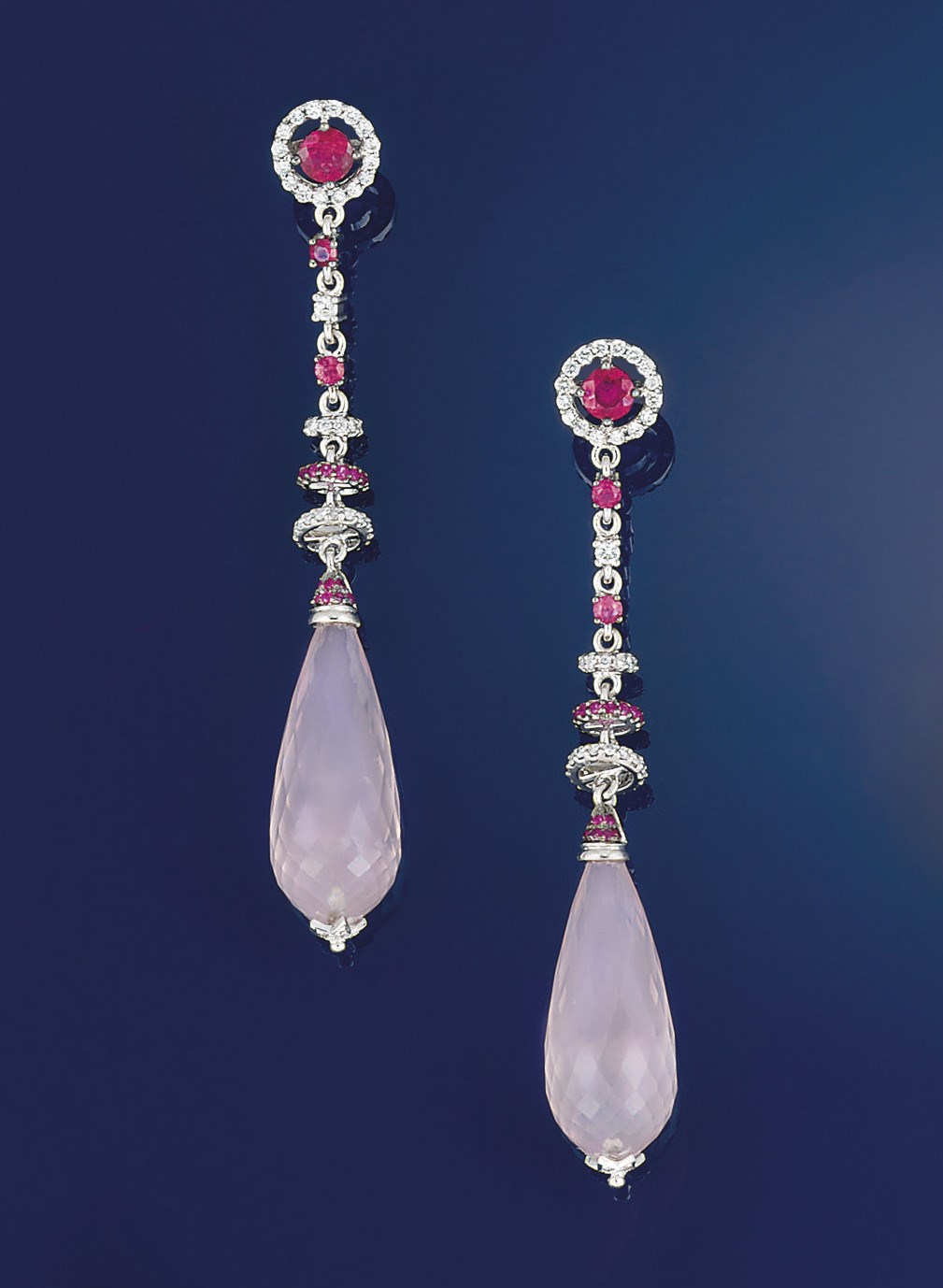 A pair of rose quartz, ruby, tourmaline and diamond earpendants