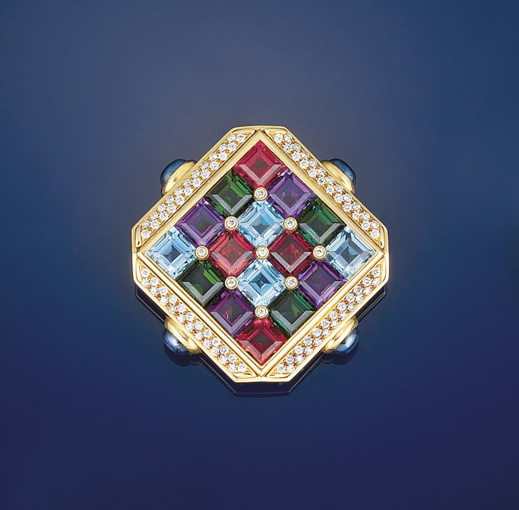 A diamond and multi-gem "Carré" brooch, by Bulgari