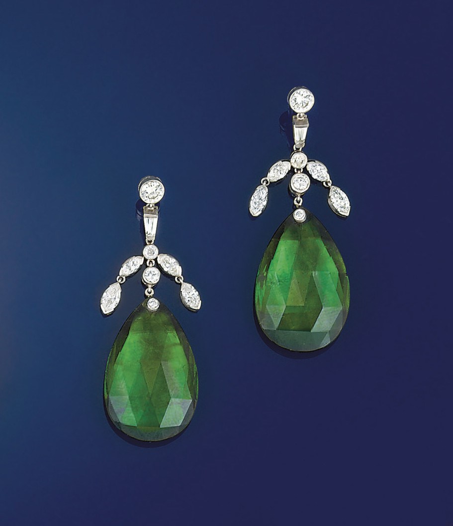 A pair of tourmaline and diamond earpendants