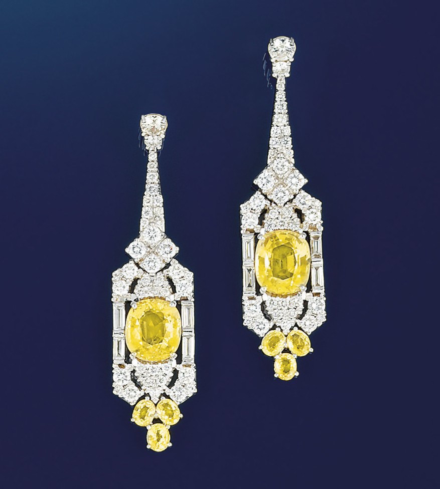 A pair of diamond and yellow sapphire earpendants