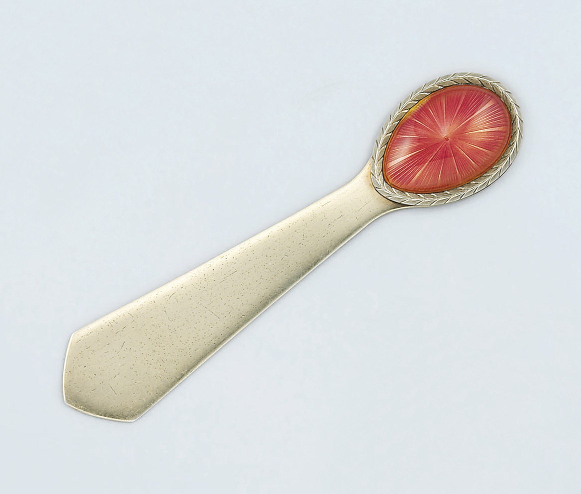 An early 20th century silver-gilt and enamel book mark, by Faberge