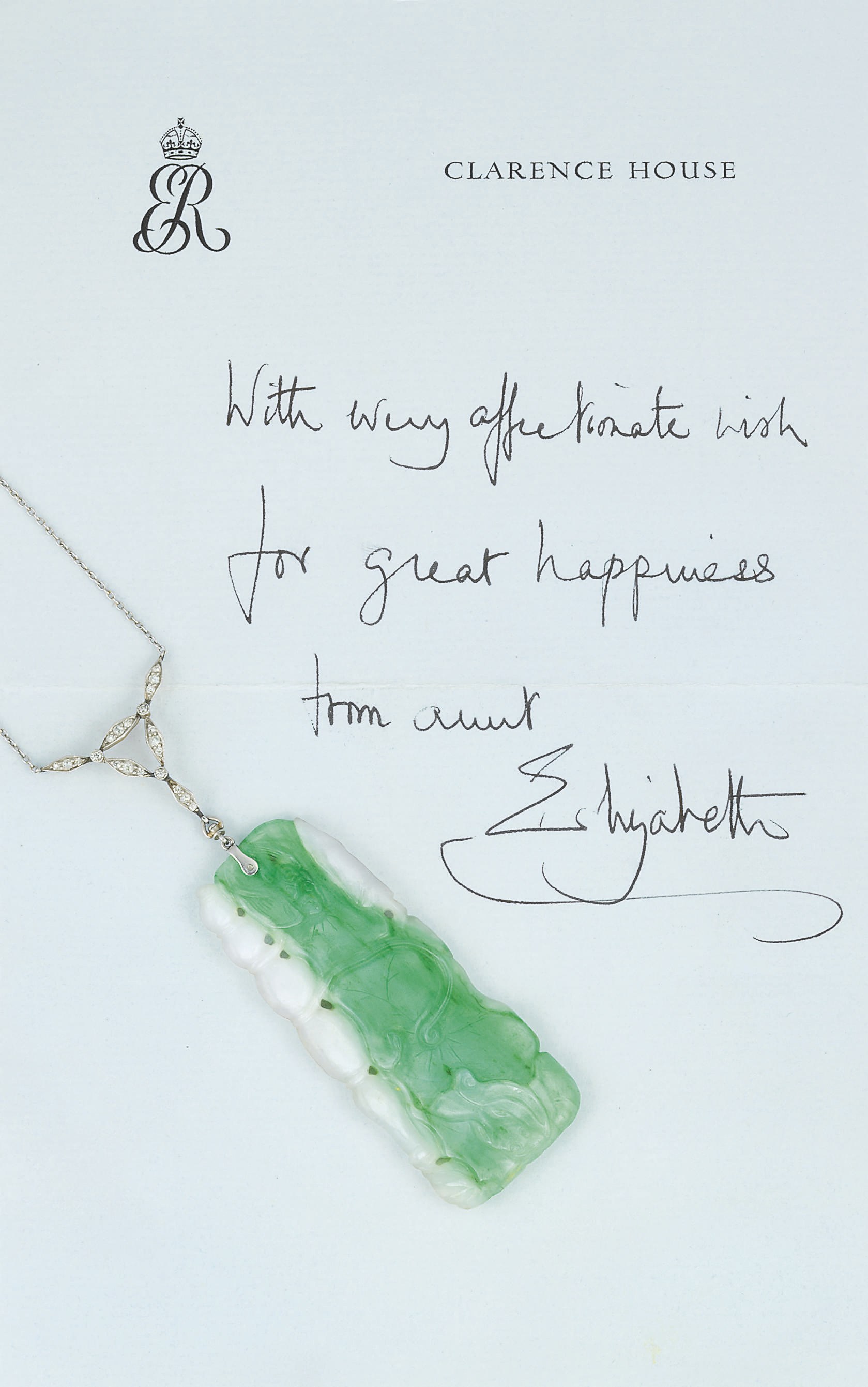 A Royal presentation Edwardian, jadeite and diamond pendant necklace given by H.M. Queen Elizabeth, the Queen Mother