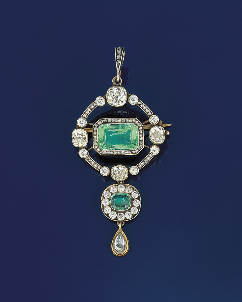 A late 19th century emerald and diamond brooch pendant