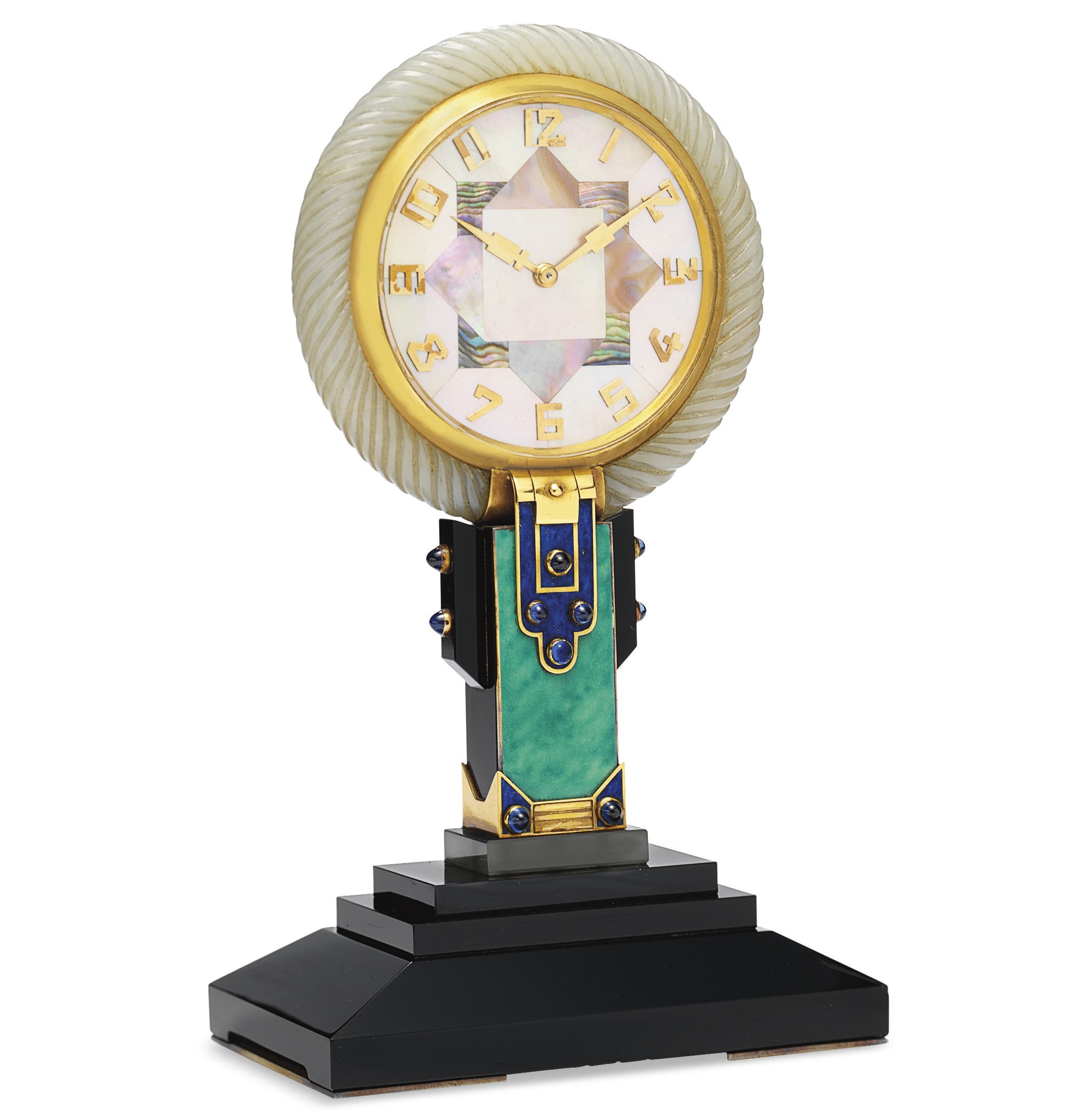 AN ART DECO, ONYX, MOTHER-OF-PEARL AND HARDSTONE CLOCK, BY LACLOCHE FRERES